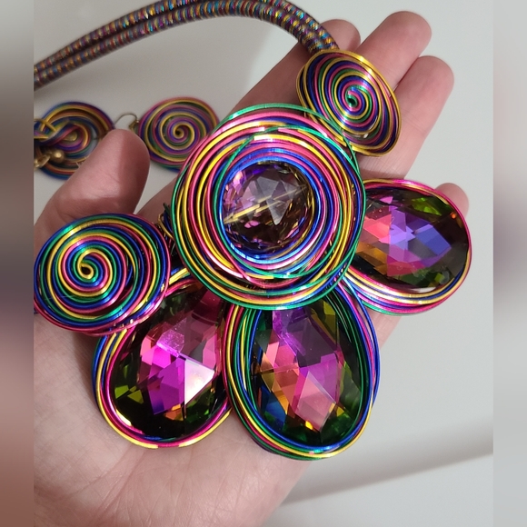Huge statement necklace earrings rhinestones wire colorful NEW - Picture 13 of 14